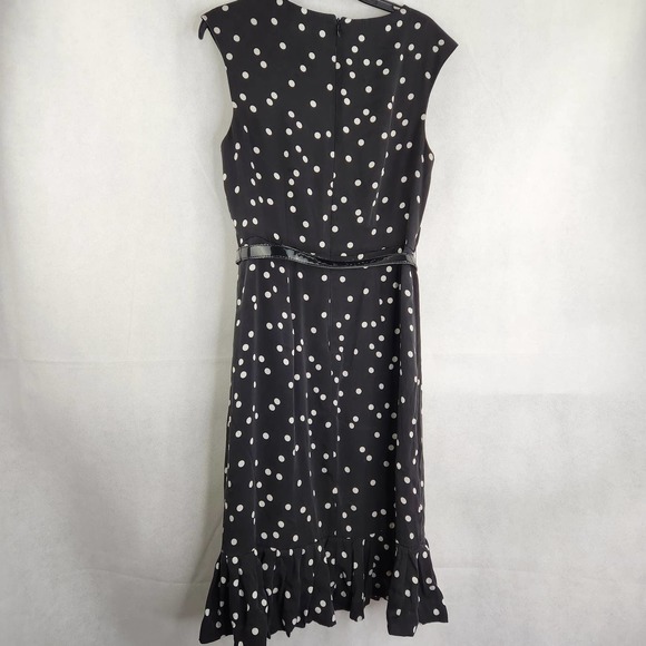 White House Black Market Polka Dot Dress Size 2 Belted Silk Black White Flounce - Picture 7 of 10